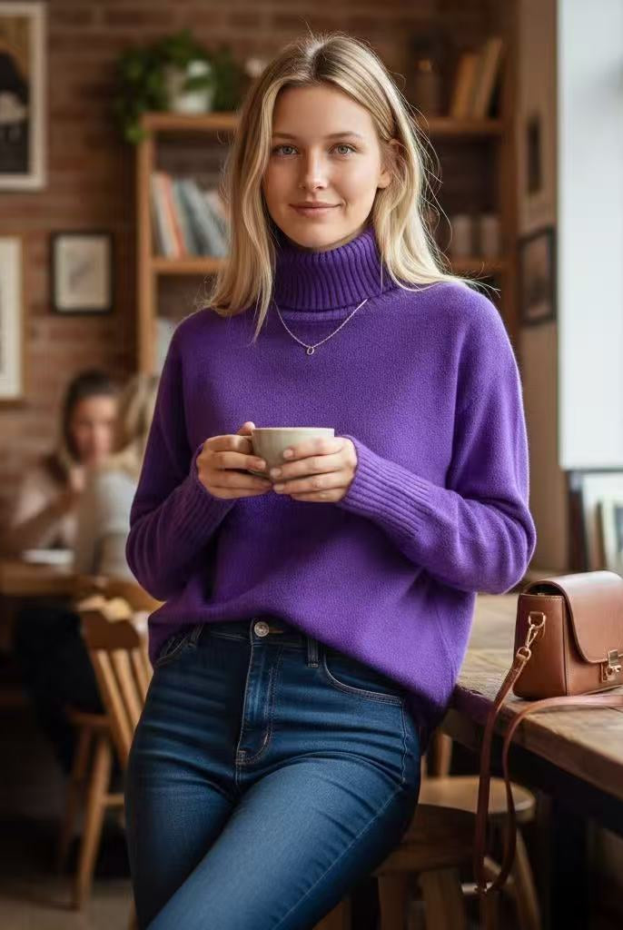 A woman in a cozy cafe setting wearing a vibrant purple ribbed turtleneck sweater and blue jeans, holding a small cup. A brown leather crossbody bag is resting on the wooden table next to her.