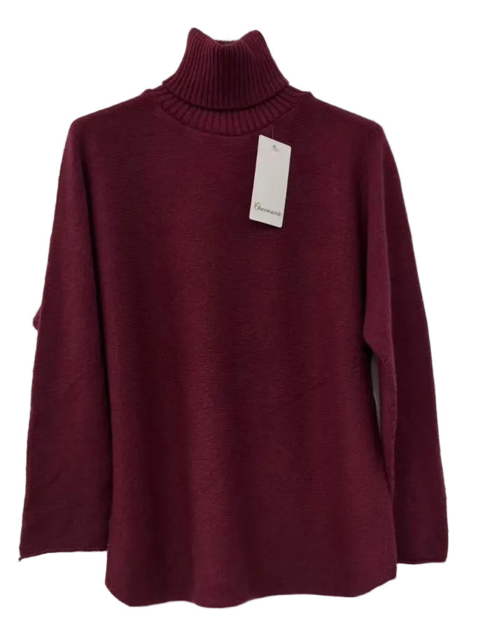 A burgundy knit turtleneck sweater