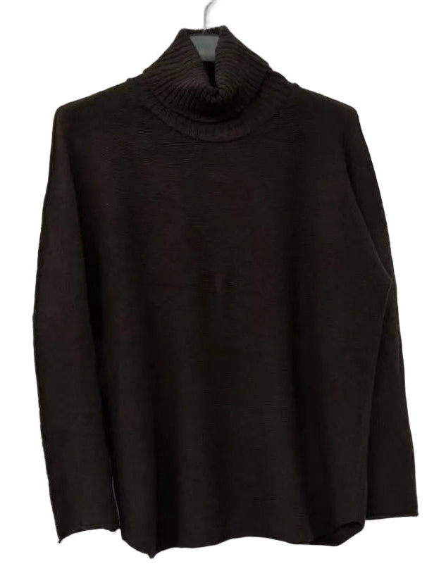 A dark brown polo neck sweater
