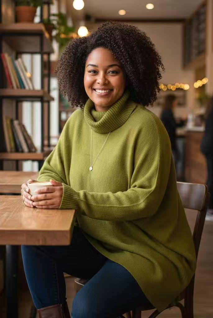 A woman with curly hair sits at a wooden table in a cozy cafe, wearing an oversized olive green turtleneck sweater, blue jeans, and holding a white mug.