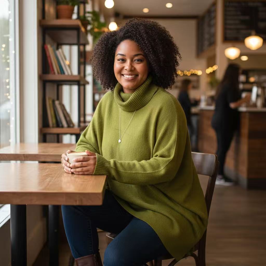 A woman with curly hair sits at a wooden table in a cozy cafe, wearing an oversized olive green turtleneck sweater, blue jeans, and holding a white mug.