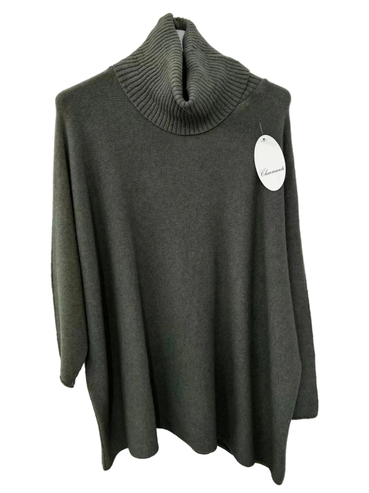 An khaki green knit turtleneck sweater hanging on a white wall, featuring a ribbed high collar and a white circular brand tag on the chest.