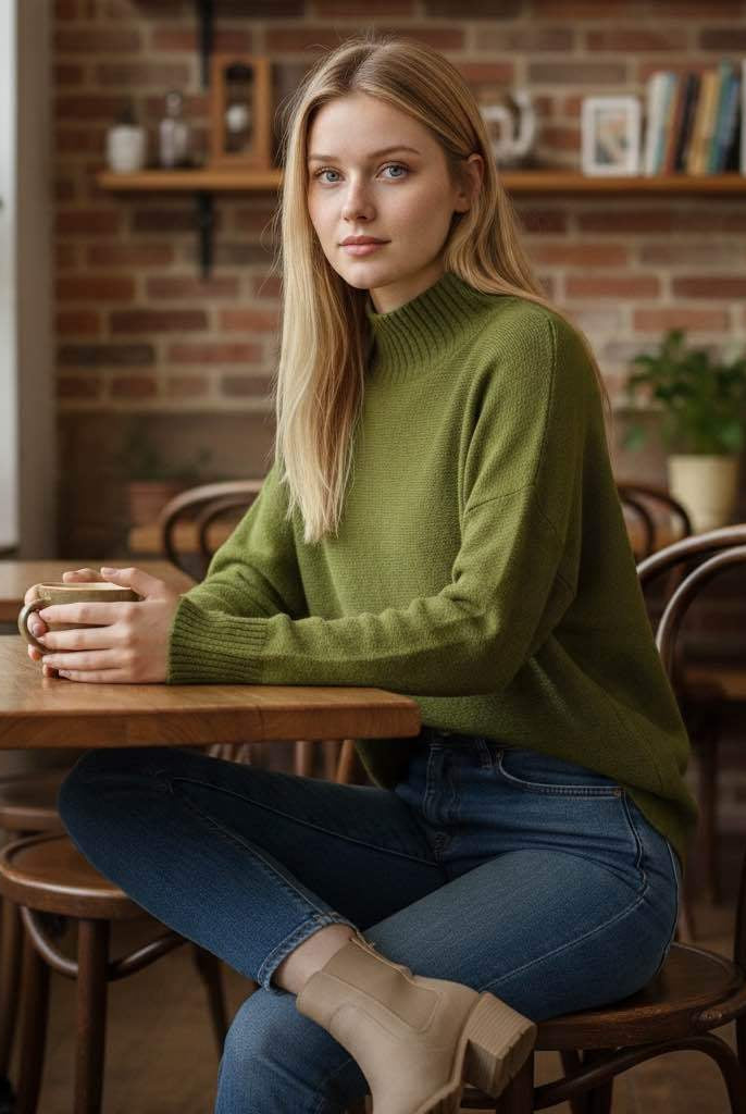 A woman sits at a wooden table in a cozy cafe setting, wearing a ribbed olive green mock-neck sweater, blue jeans, and beige ankle boots.