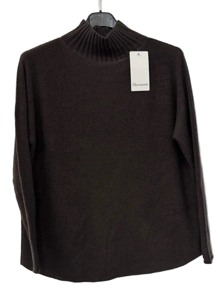 A dark brown ribbed mock neck sweater