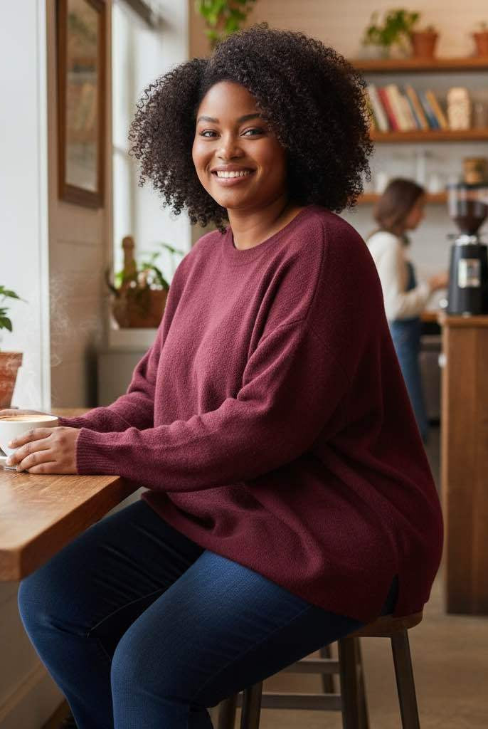 A smiling woman with curly hair sits at a wooden table in a cozy cafe, wearing an oversized crewneck sweater in a deep burgundy or maroon shade, paired with blue jeans.