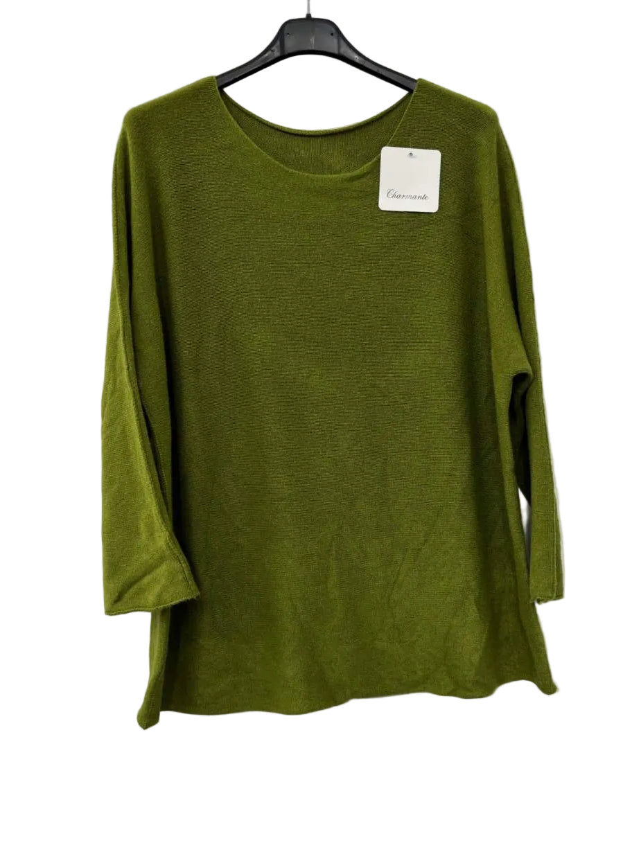 An olive green long-sleeve knit top hanging on a black hanger against a white wall, with a small white brand tag attached near the neckline.
