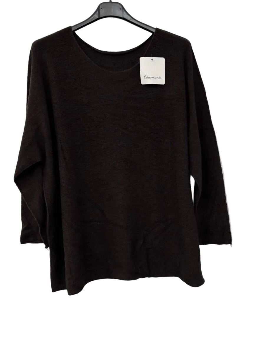A dark brown long-sleeve knit top hanging on a black hanger against a white wall, with a small white brand tag attached near the neckline.