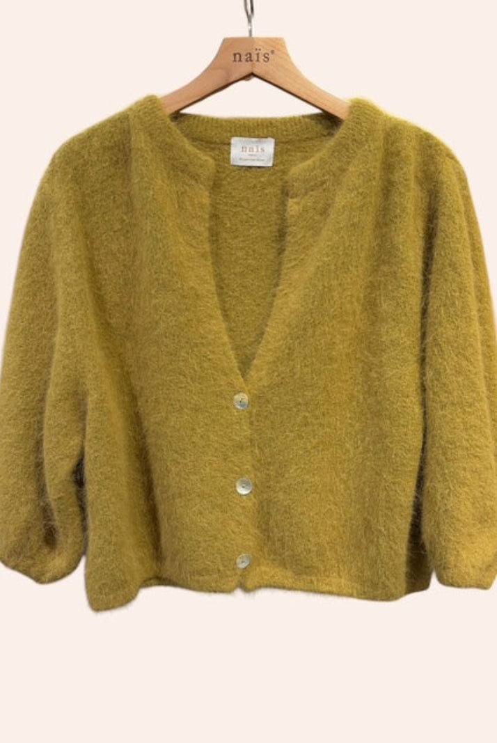 An olive green cardigan in an angora mix with 3/4 sleeves and v neck