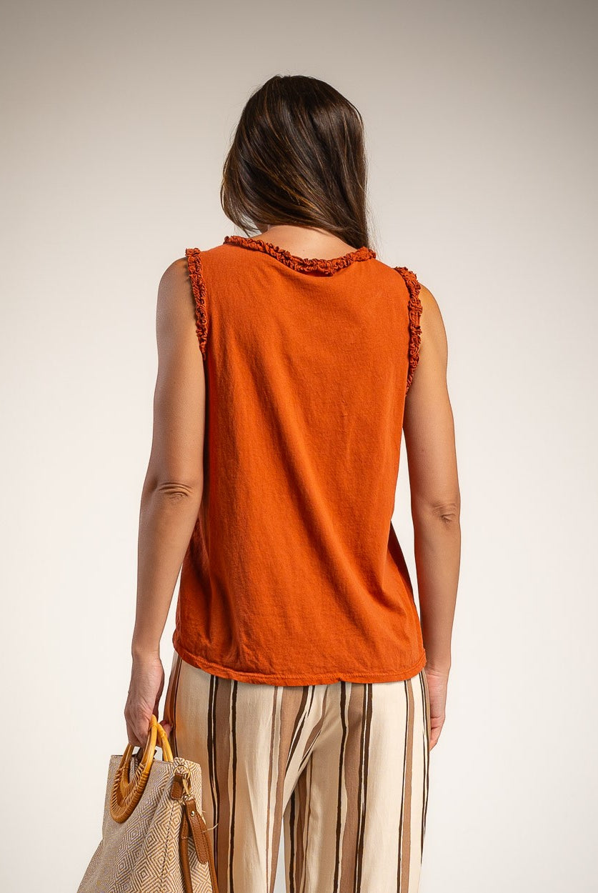A woman viewed from behind wearing a sleeveless burnt orange top with ruffle trim along the neckline and armholes, paired with beige striped pants and holding a woven straw bag against a plain light gray studio background.