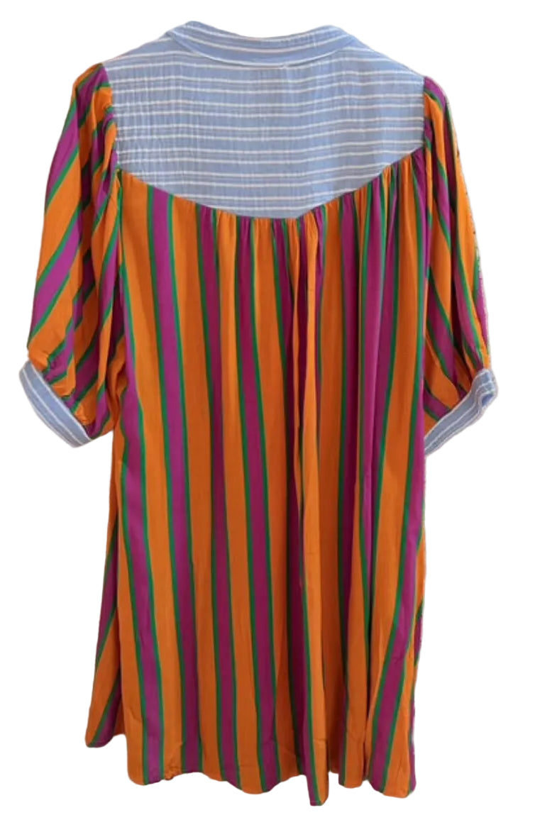 Colorful striped dress with a blue chambray edge detail and back detail