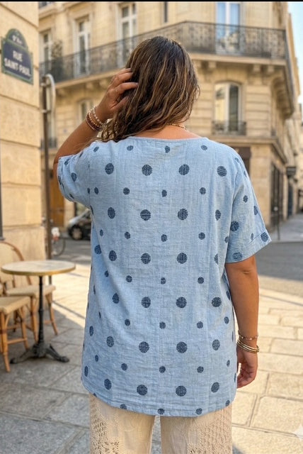 Light blue cotton polka dot top