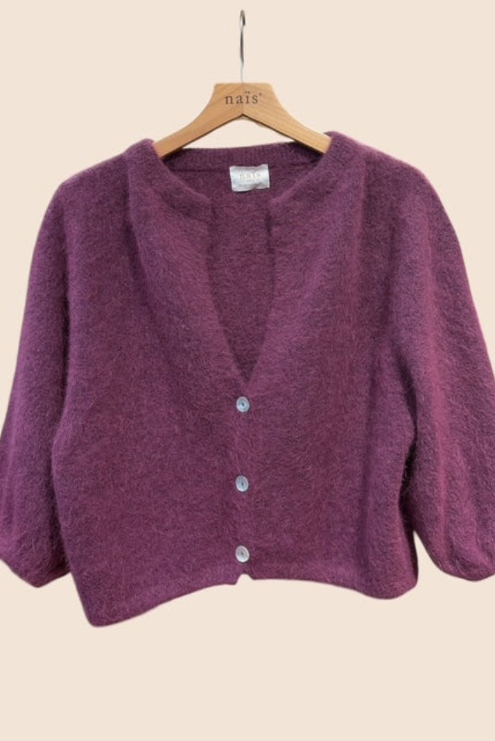 A prune coloured cardigan with 3/4 sleeves and v neck in an angora mix