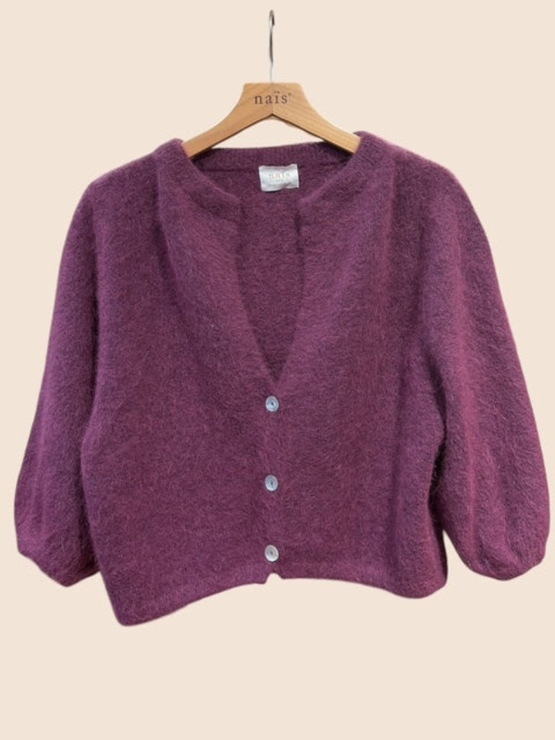 A prune coloured cardigan with 3/4 sleeves and v neck in an angora mix