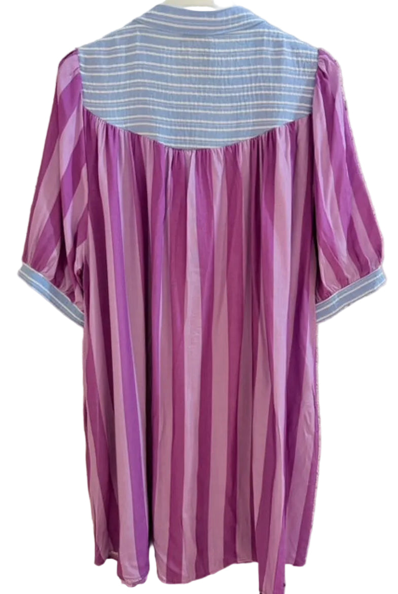 Purple dress with striped pattern showing back with chambray detail