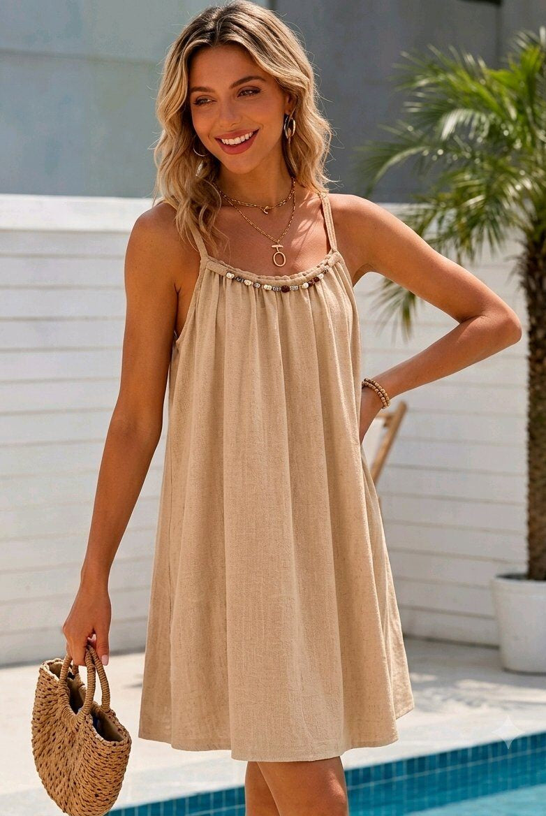 beige strappy viscose dress with pearl trim