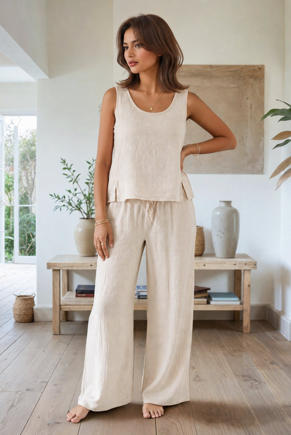 Woman wearing a beige sleeveless top and pants in a bright, minimalistic room.
