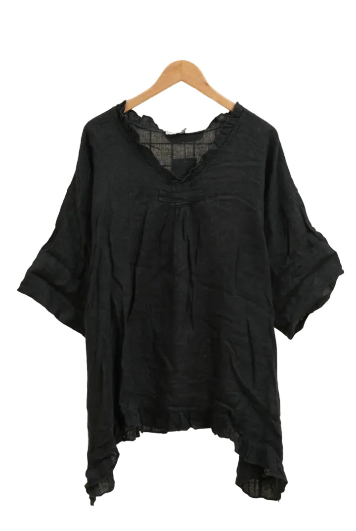 Black shirt on a hanger against a white background