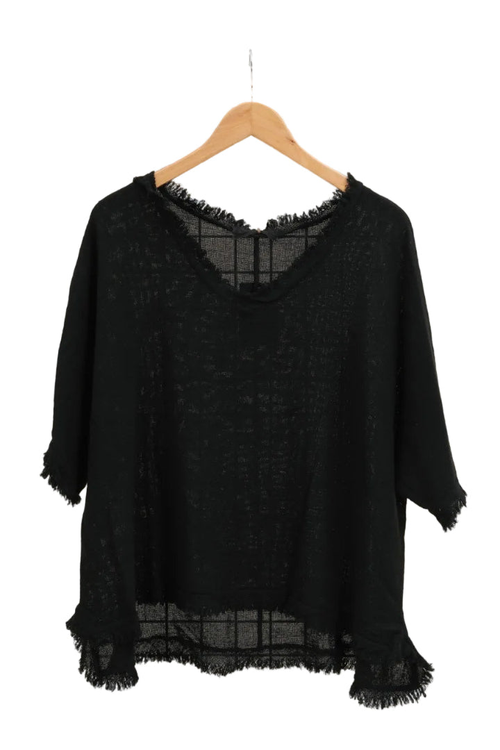 Black top on a hanger against a white background