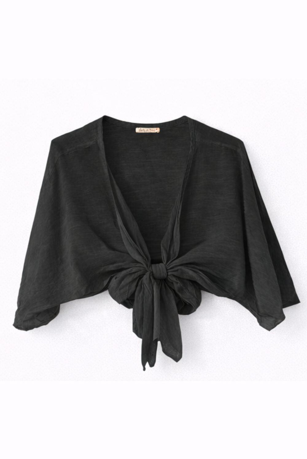 Black bolero with a tie front on a white background