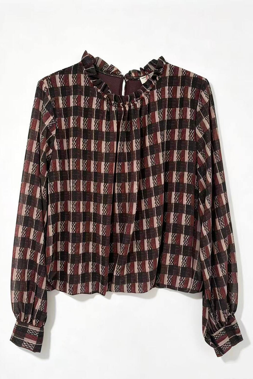A long-sleeve plaid blouse with a ruffled high neck and gathered cuffs, featuring a checkered pattern of dark brown, black, and muted red on a white background.