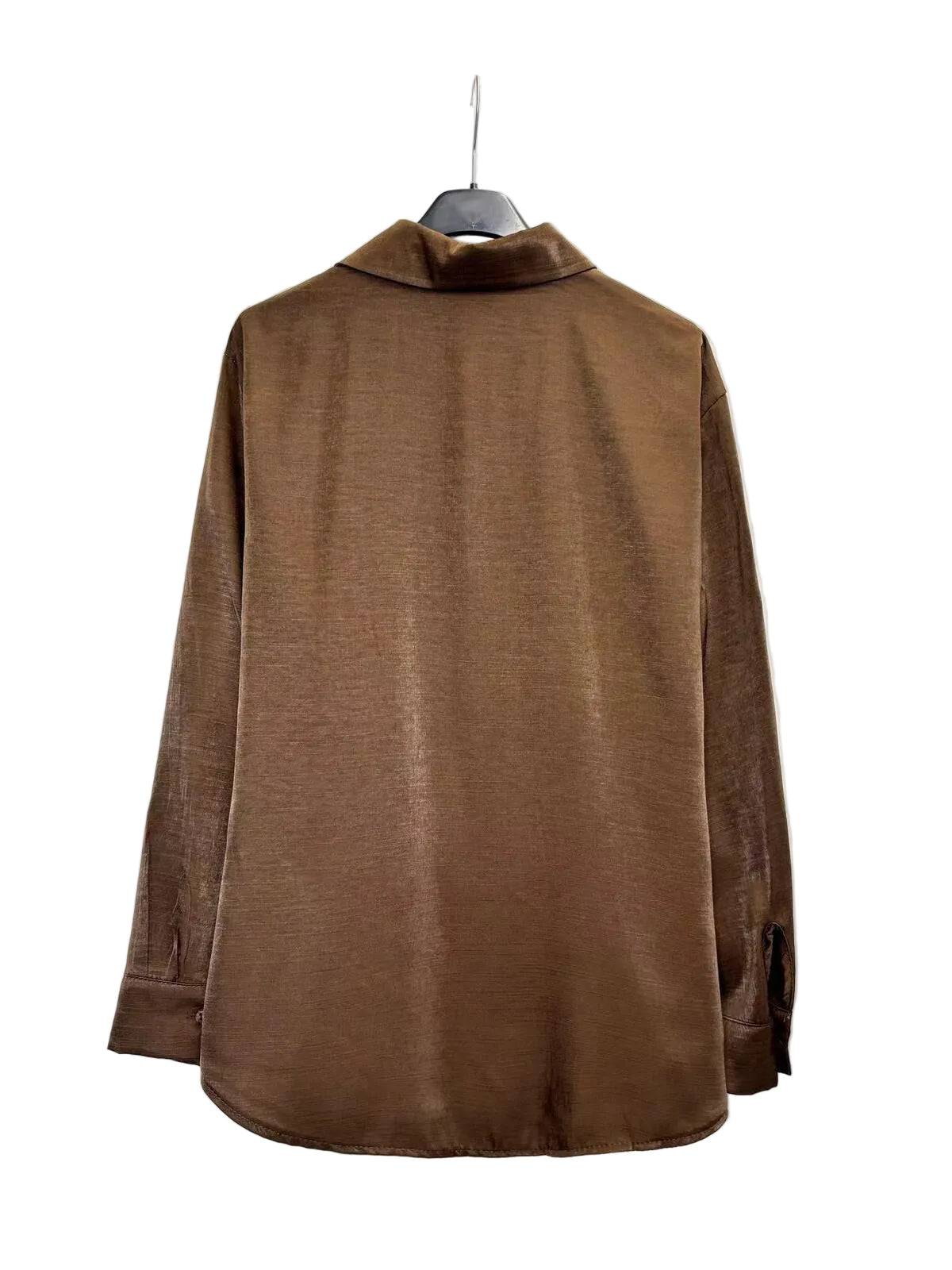 A brown long-sleeve collared shirt or blouse hanging on a black hanger against a plain white backdrop.