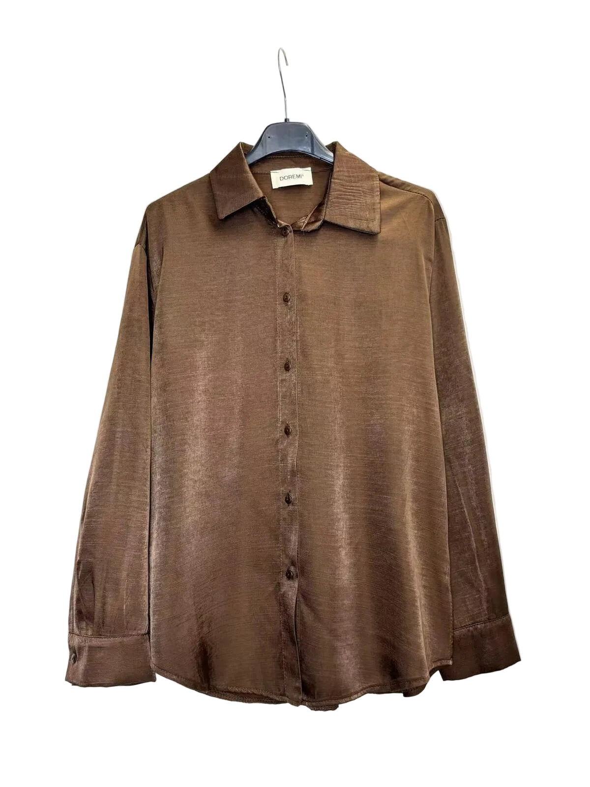 A brown long-sleeve button-up shirt with a satin fabric