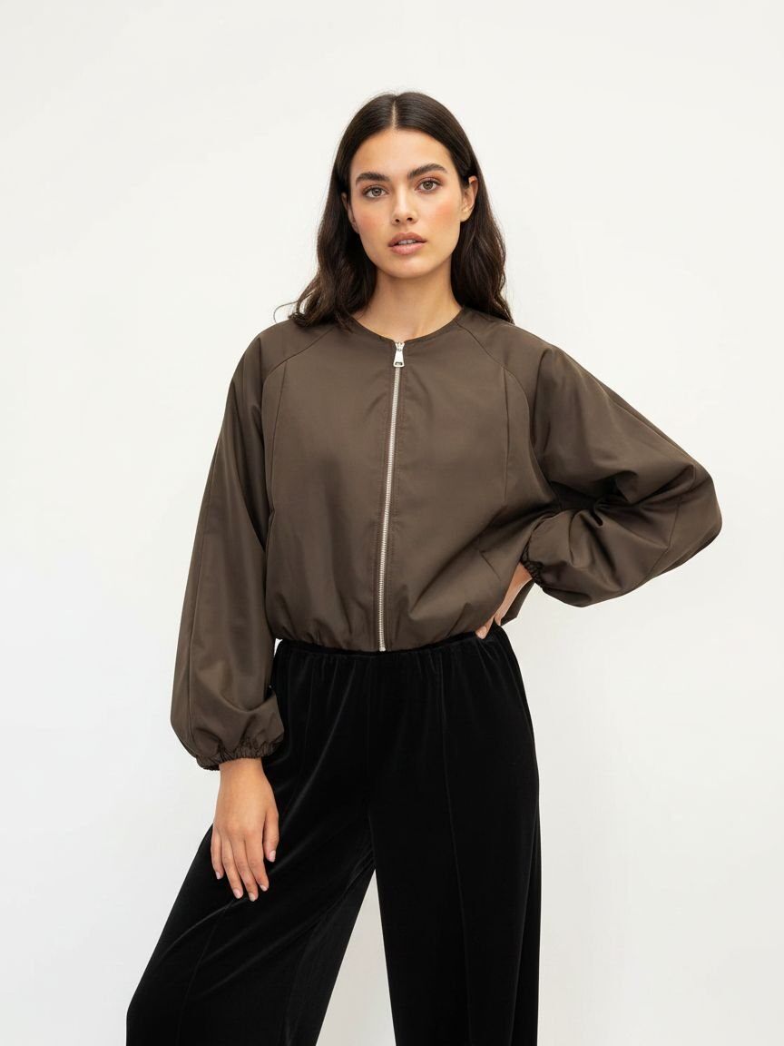 A woman modeling a cropped, long-sleeve bomber-style jacket in a dark brown, paired with black velvet wide-leg pants, against a plain white studio background.
