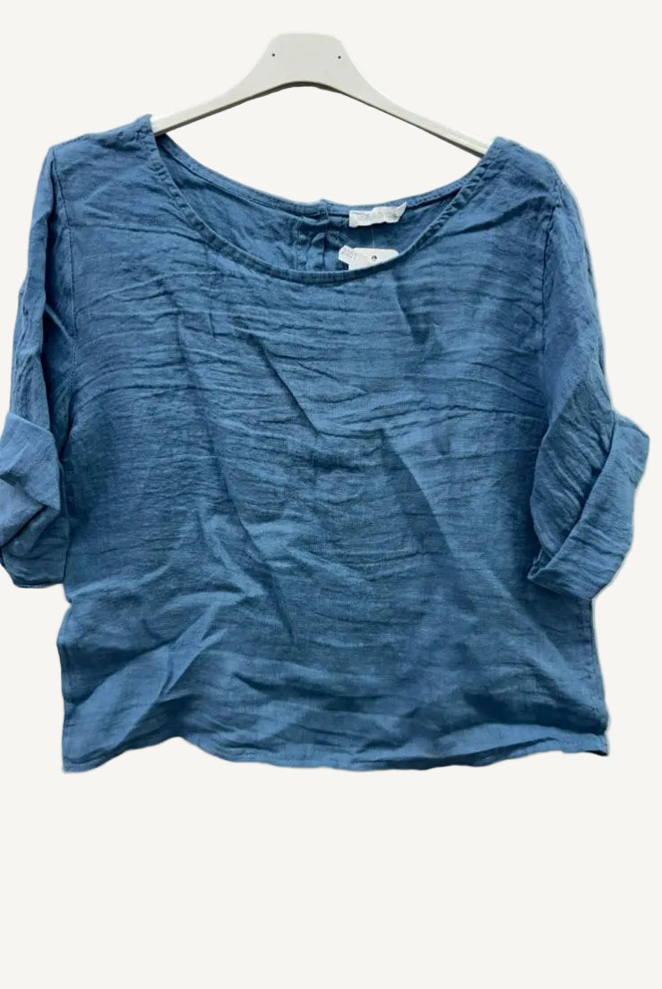 denim blue button back top
