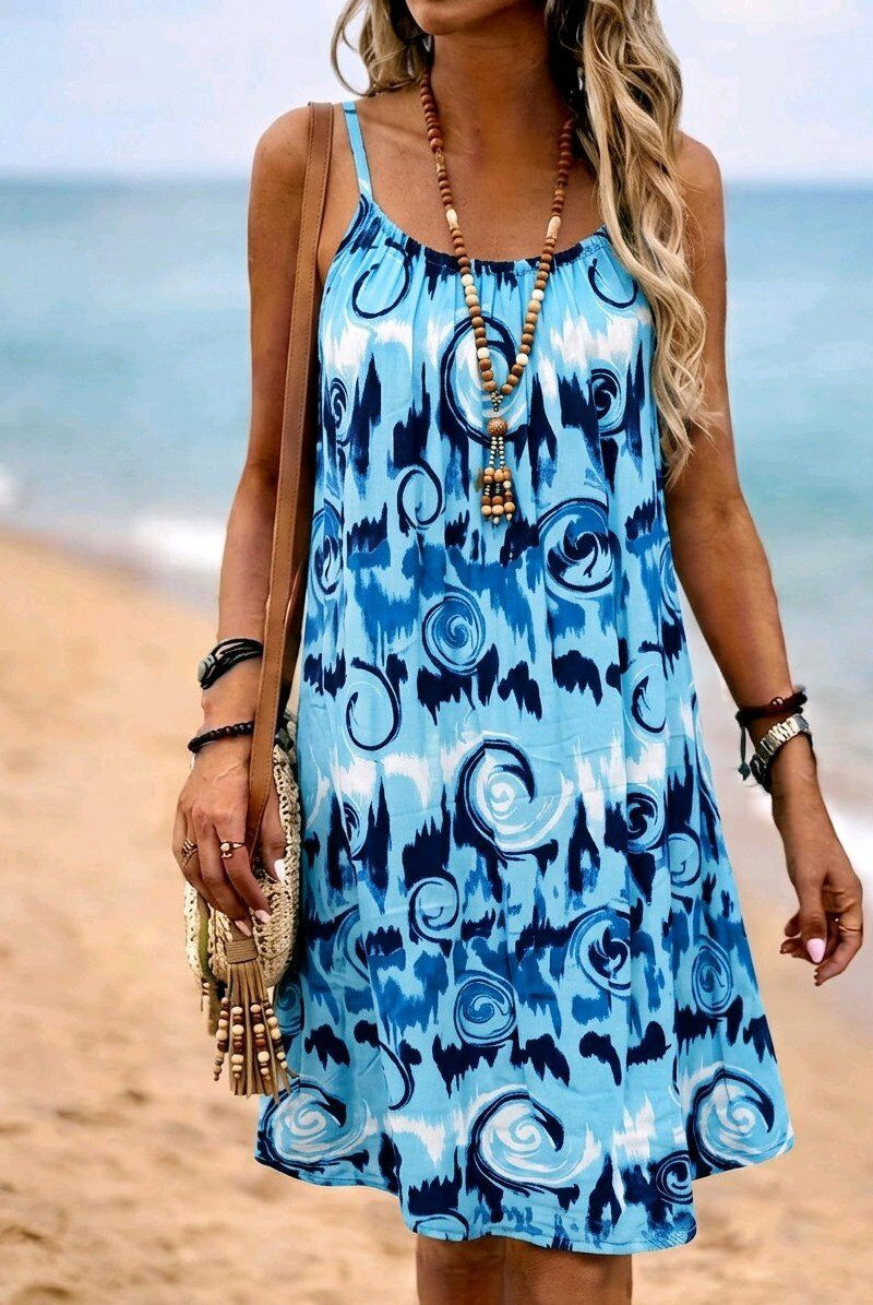 bright blue strappy printed dress