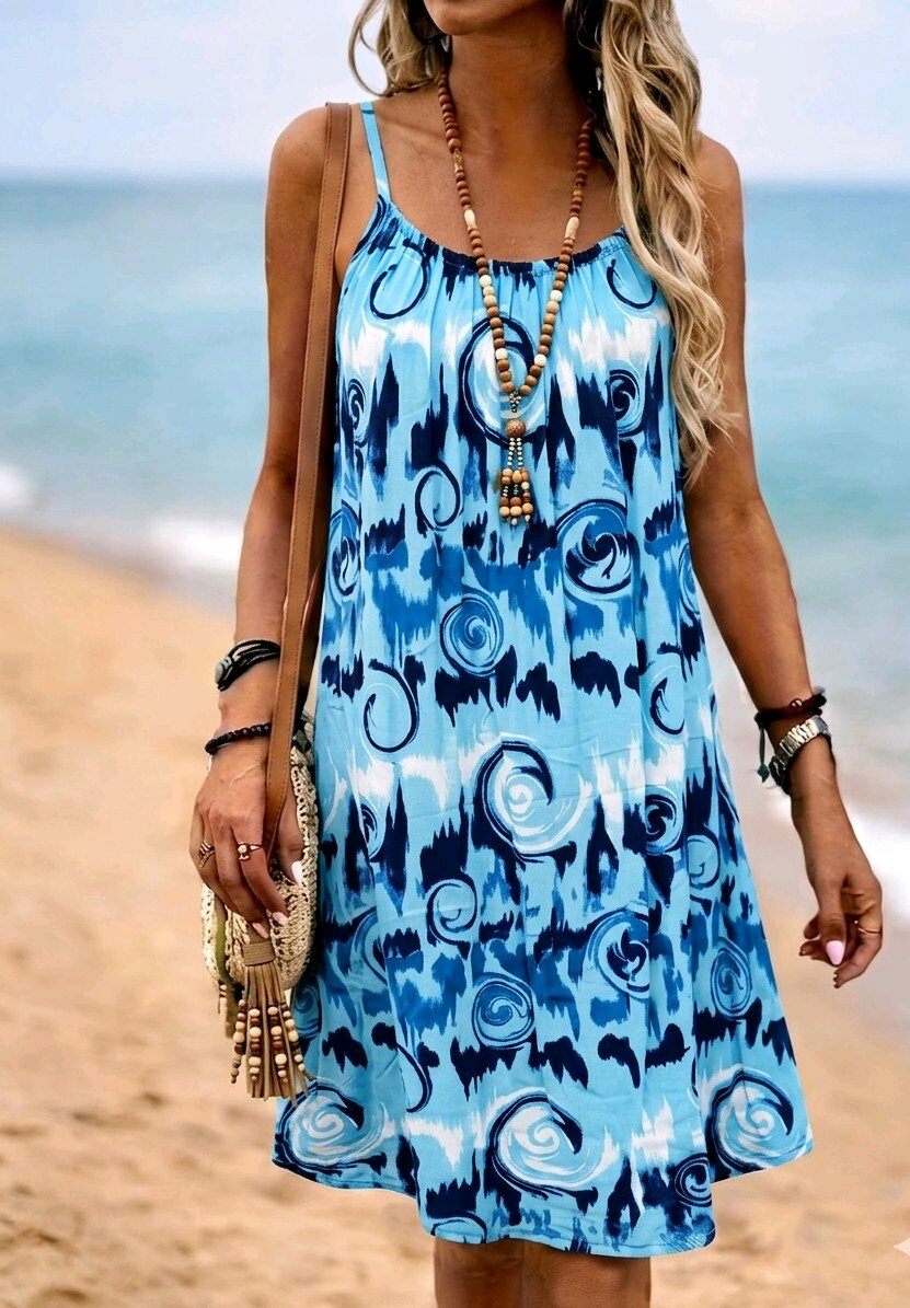 bright blue strappy printed dress