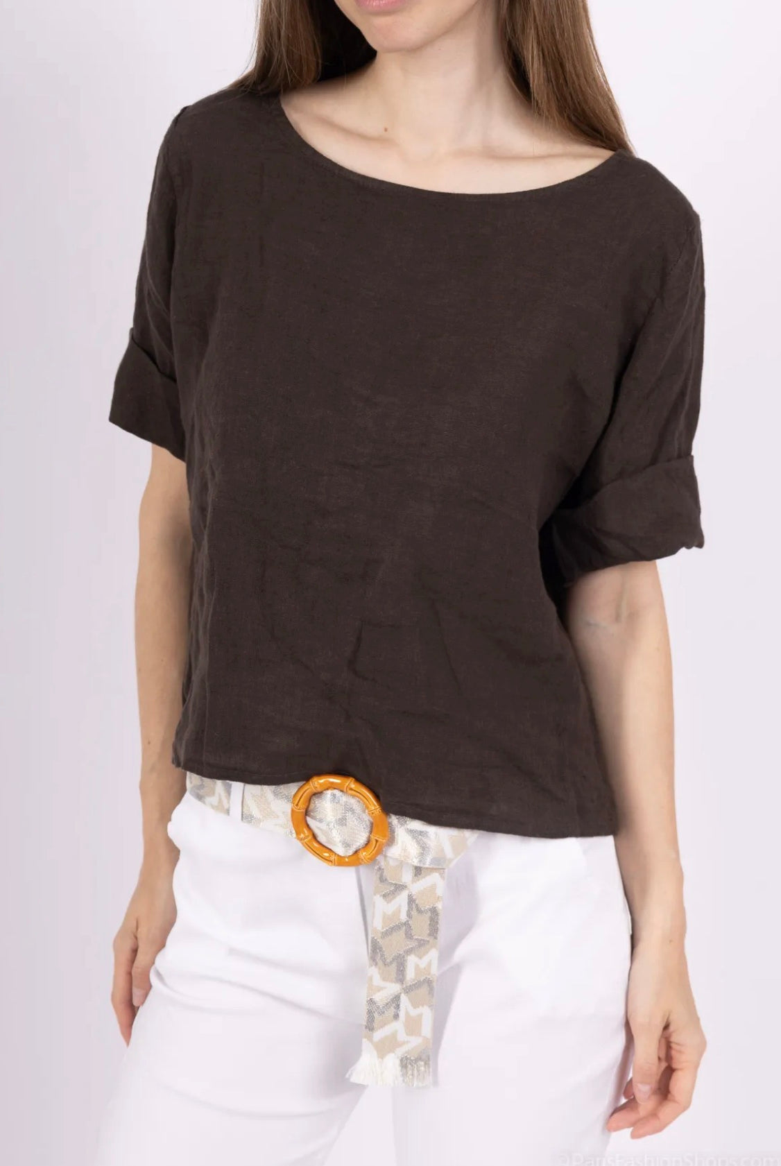 brown linen button back top