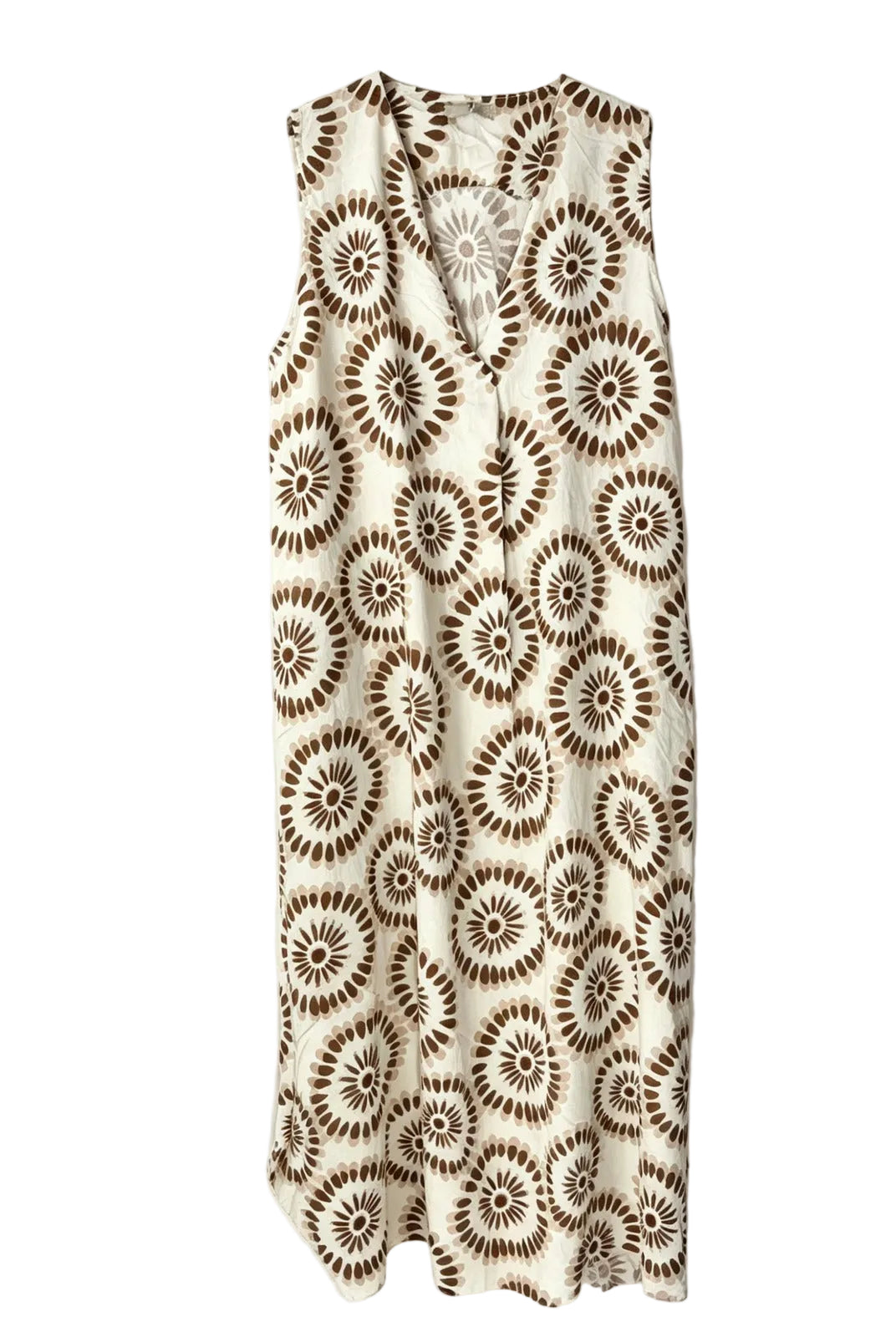 A sleeveless V-neck dress featuring an all-over brown and cream circular floral or sunburst pattern, laid flat against a light off-white background.