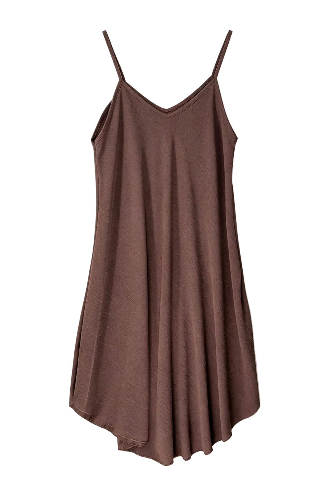 A brown spaghetti-strap slip dress with a V-neckline, shown flat against a light off-white background.
