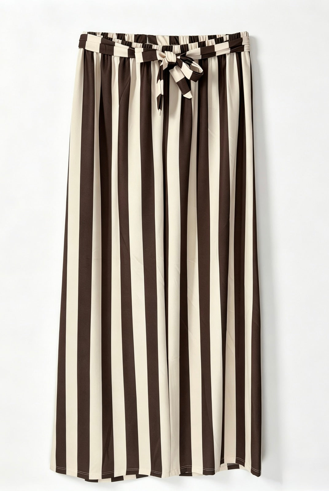 Brown striped palazzo trousers with tie belt