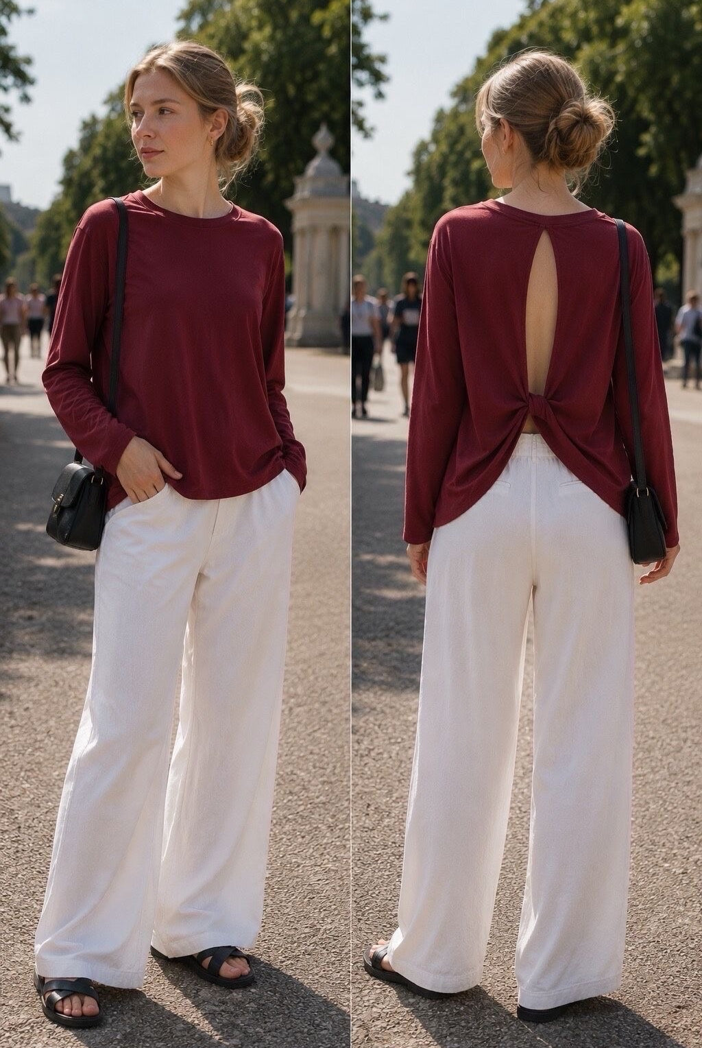 A woman modeling a burgundy long-sleeve top with a back cutout and tie detail, paired with white wide-leg pants and black sandals, shown in front and back views outdoors on a sunny day.
