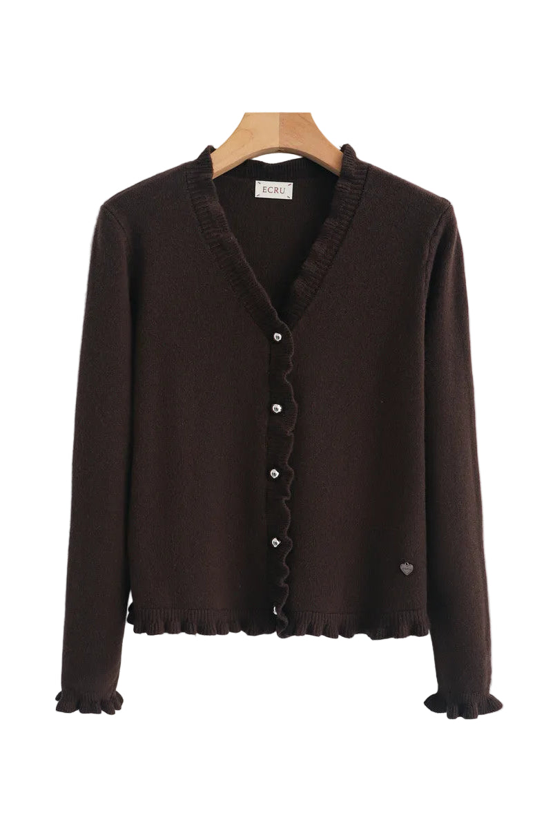 A dark brown knit cardigan sweater with a ruffled trim along the V-neck, button front, and hem,