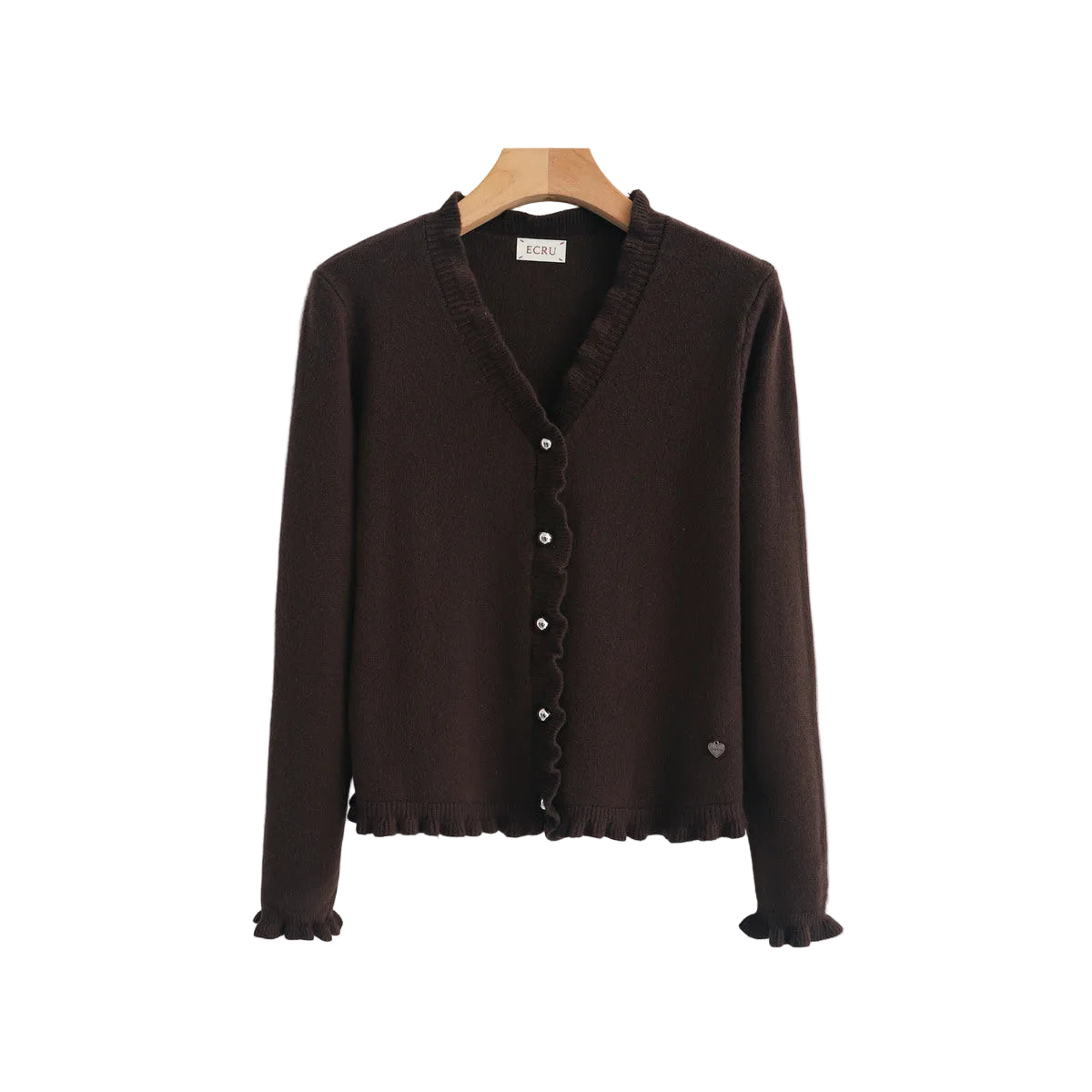 A dark brown knit cardigan sweater with a ruffled trim along the V-neck, button front, and hem,