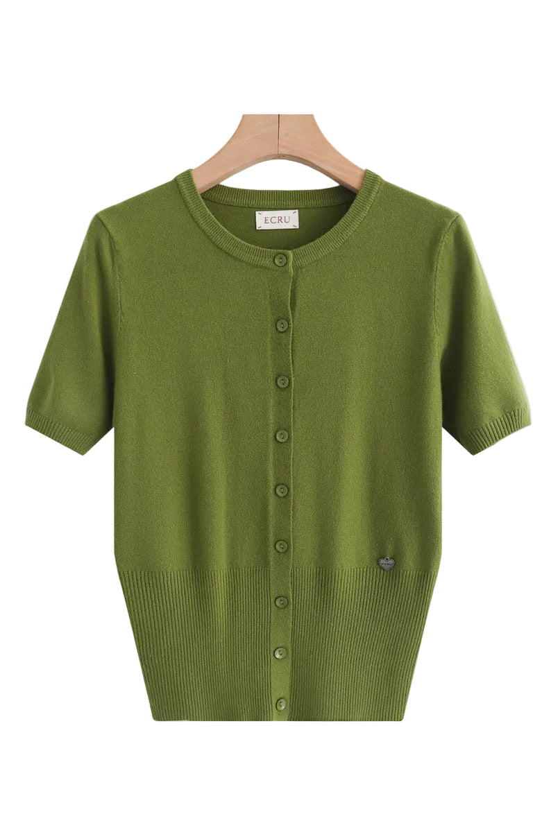 An olive green short-sleeve knit cardigan sweater with a button-up front, hanging on a wooden hanger