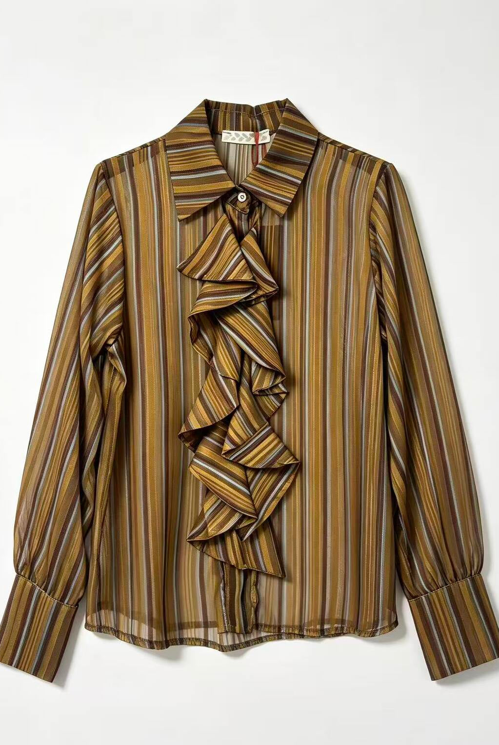 A long-sleeve striped blouse with a ruffled bow detail at the collar, shown flat against a light gray background.