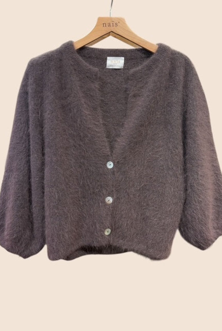 Chocolate brown 3/4 sleeve cardigan in an angora mix with button fastening and v neck