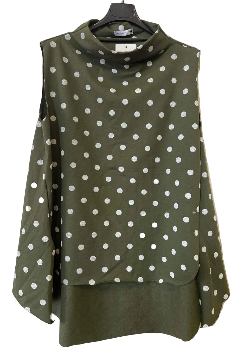 An olive green sleeveless mock-neck top with a white polka dot pattern,