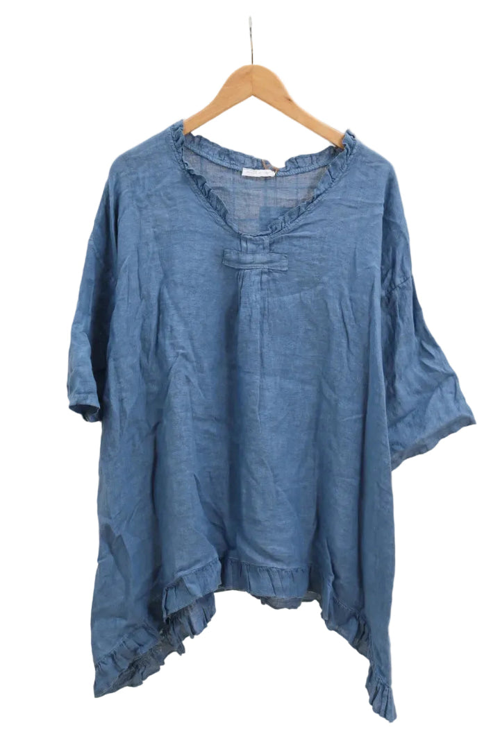 Blue denim shirt on a hanger against a white background