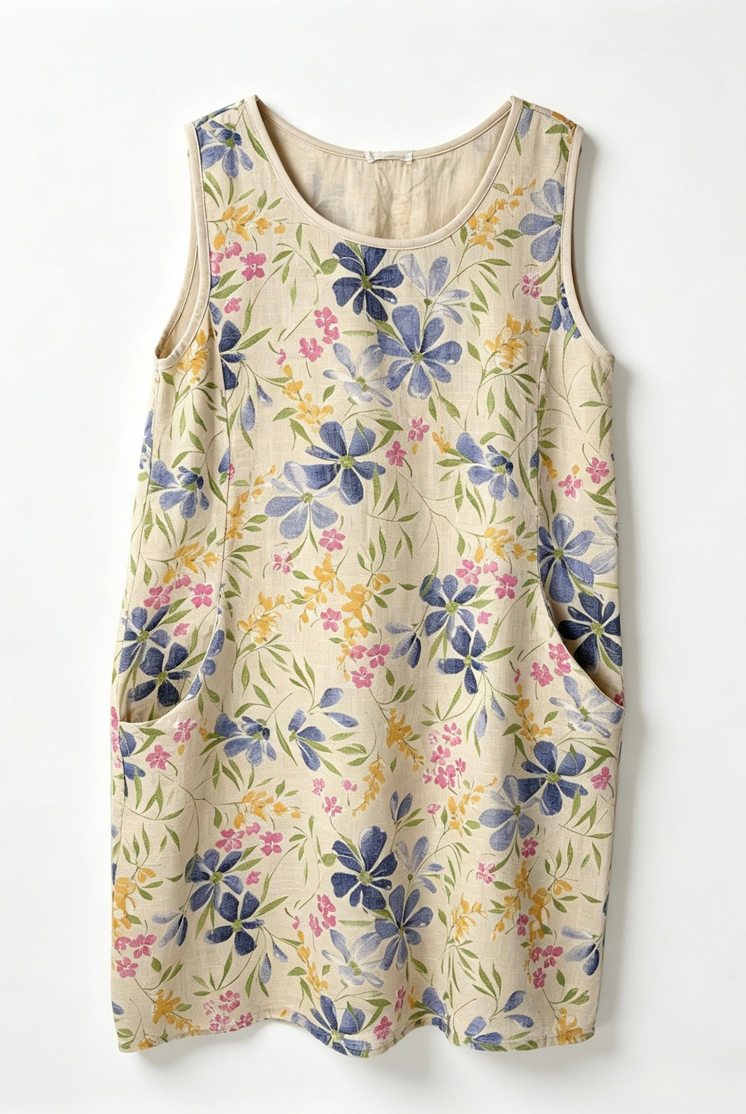 A sleeveless cream-colored dress with a blue, pink, and yellow floral pattern, featuring side pockets, shown against a plain white background.