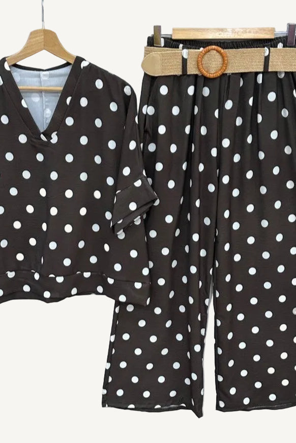 Brown polka dot two piece trouser set