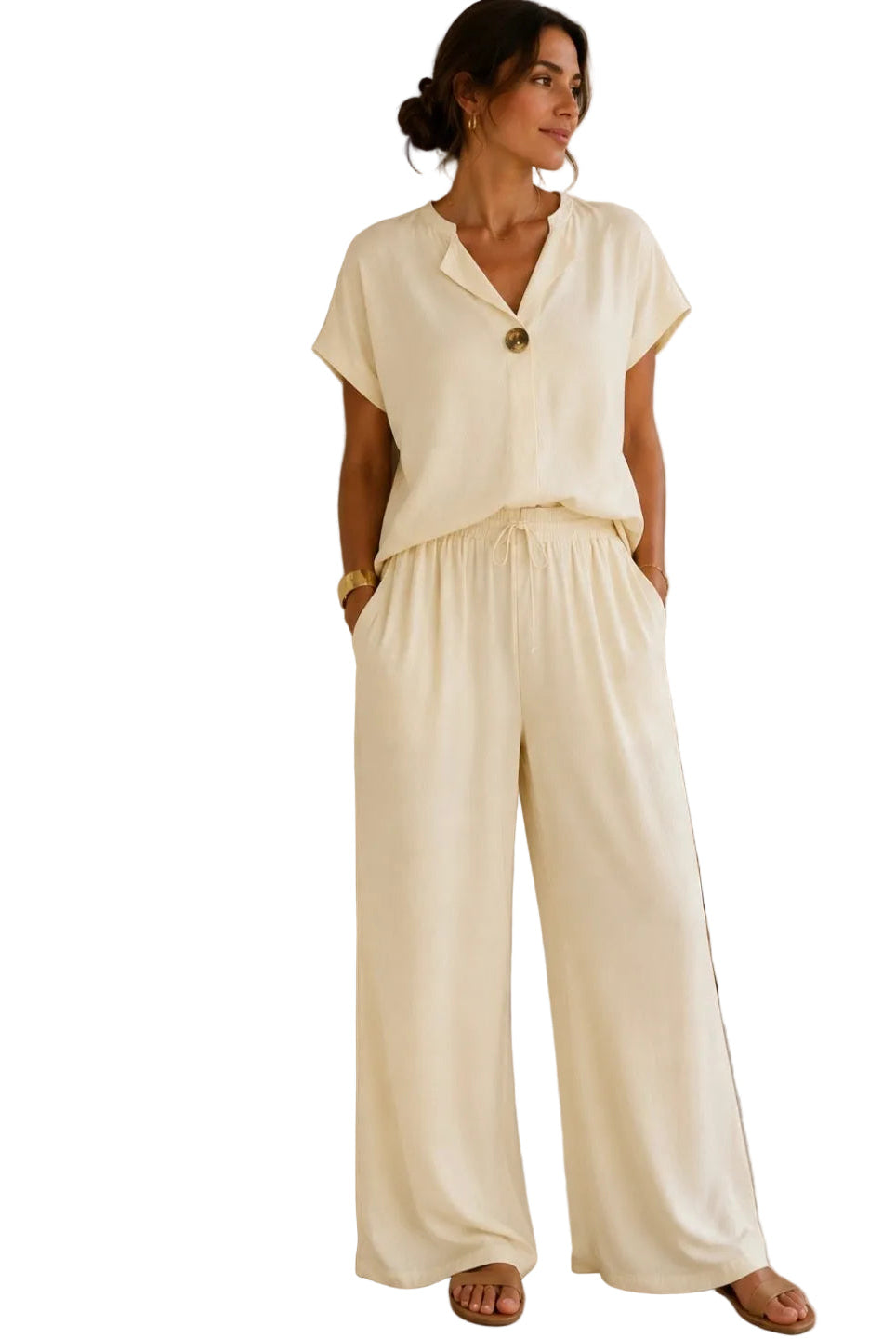 Woman wearing a vanilla outfit two piece set