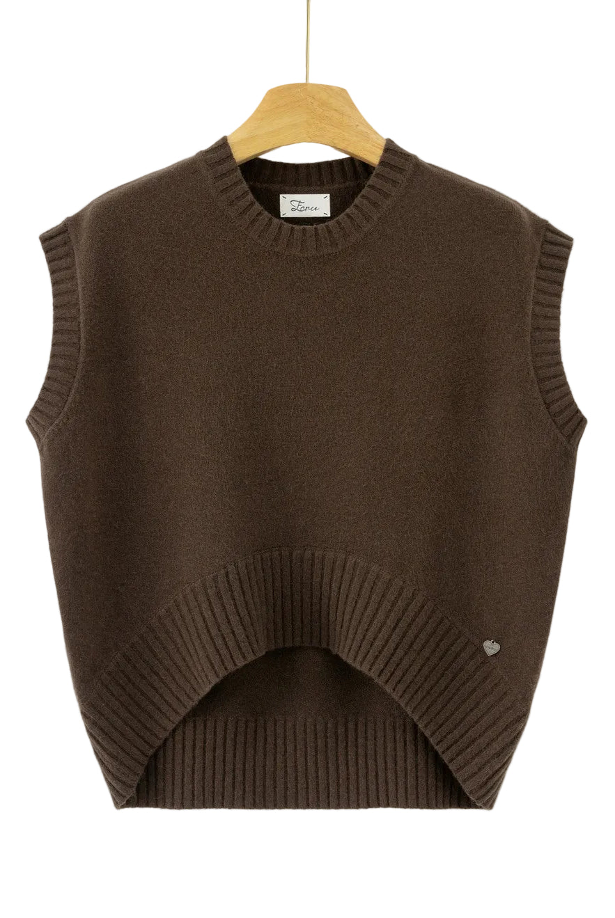 A brown ribbed knit sweater vest with a high-low hem, hanging on a wooden hanger against a white background.