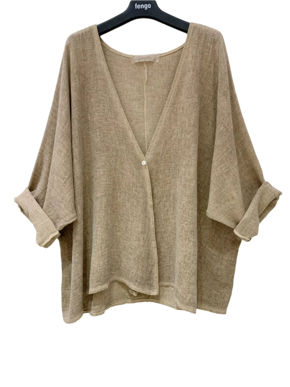 Beige kimono-style top on a hanger against a white background