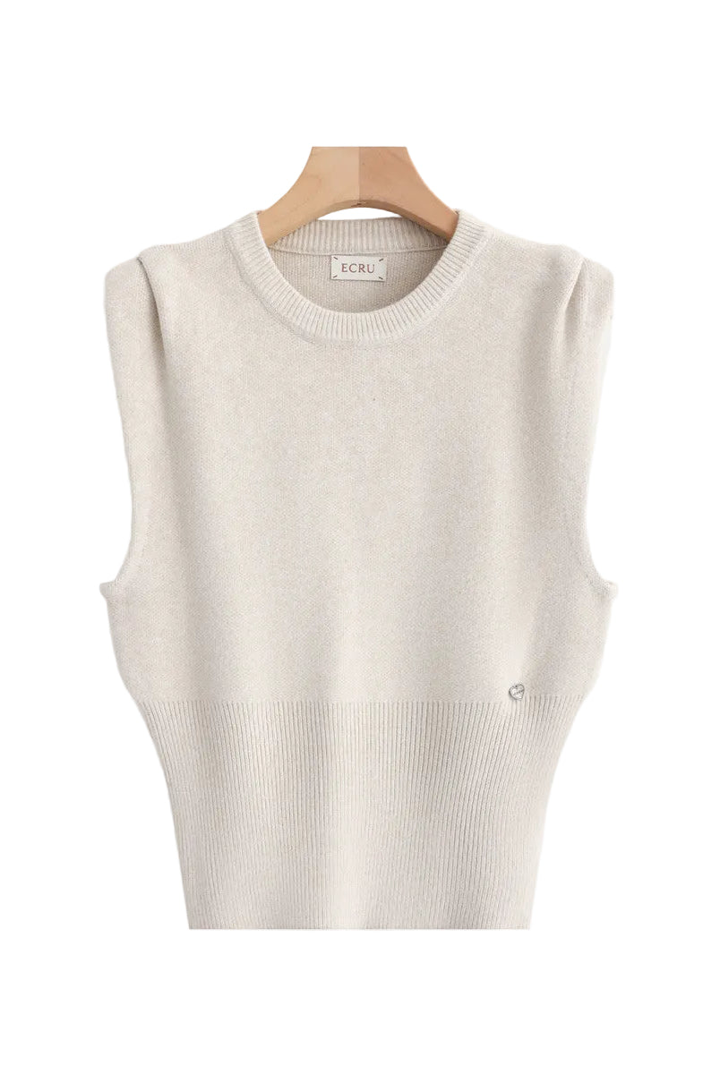A sleeveless cream-colored knit sweater vest displayed on a wooden hanger against a light gray background