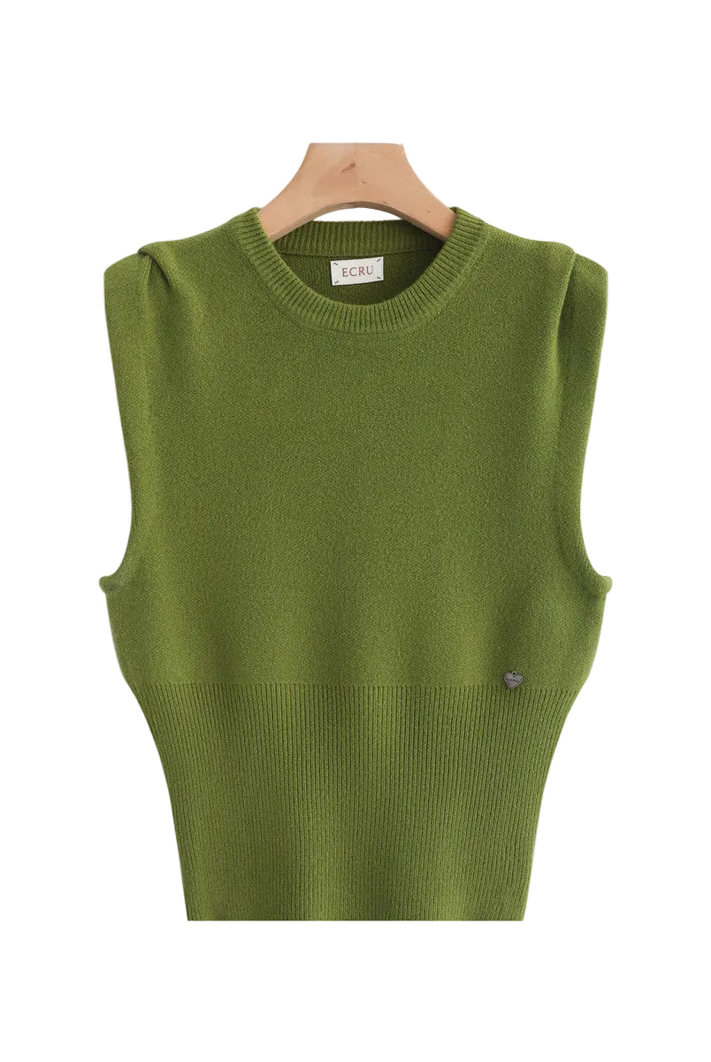 An olive green sleeveless knit sweater vest hanging on a wooden hanger against a light gray background, with the text 'ECRU7189' in the top right corner.