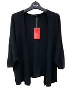 Black cardigan on a hanger with a red tag against a white background